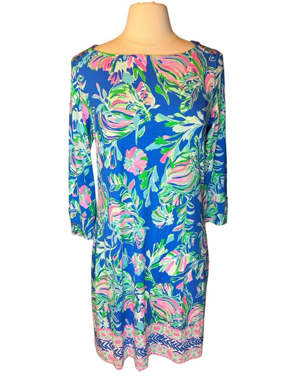 Lilly Pulitzer Marlow Large 3/4 Sleeve Round Neck Floral Dress Blue Green Pink